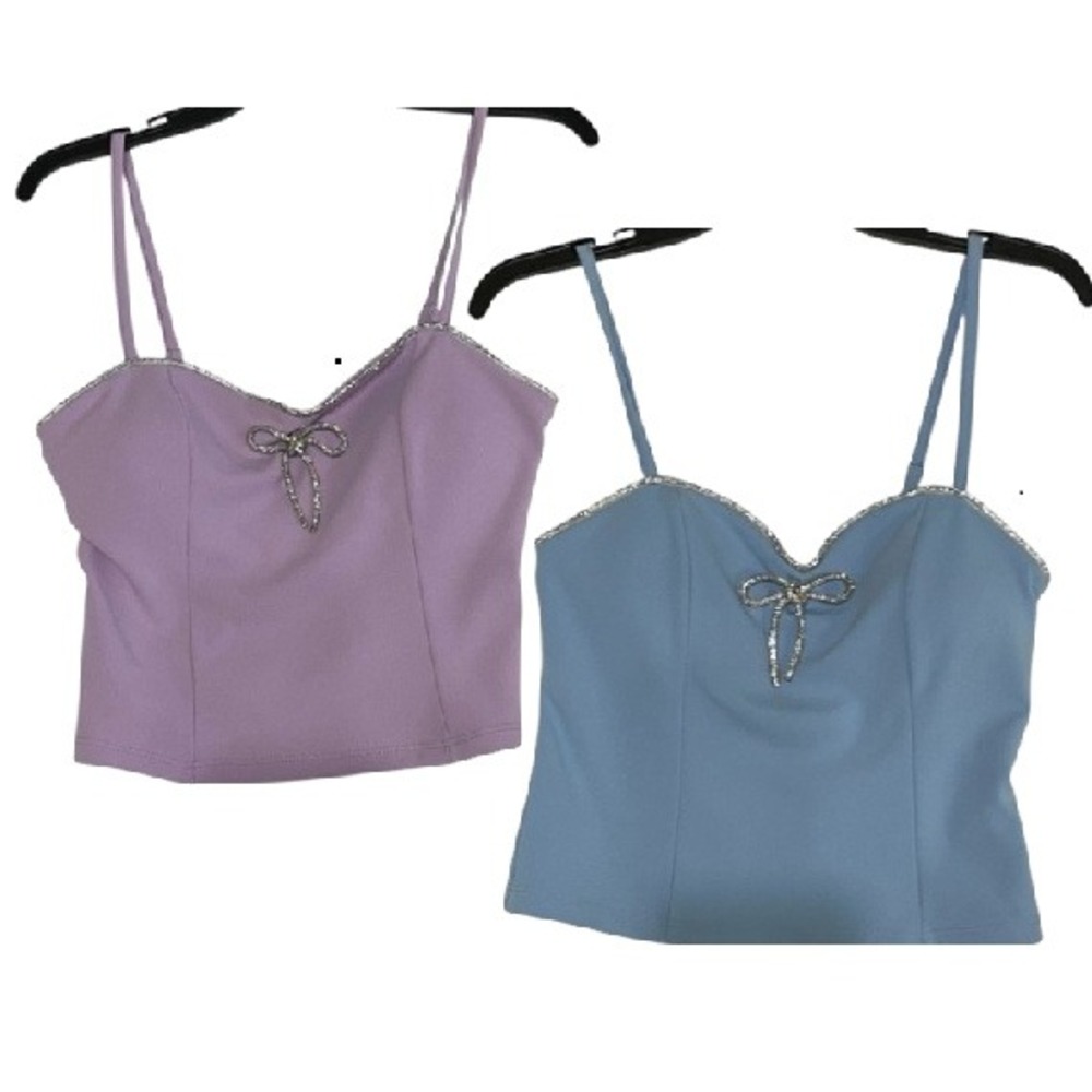 Rhinestone Trim Spaghetti Strap Crop Top - Lavender and Light Blue